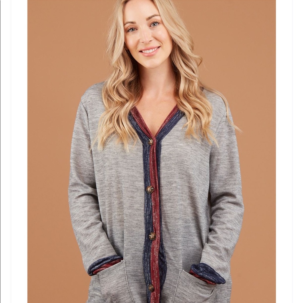 Tunic length grey, navy, and maroon cardigan